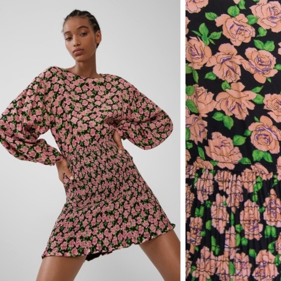 Zara Floral Print Elastic Skirt Long-sleeve Dress - Picture 2 of 14